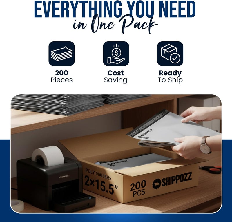 Shippozz 12x15.5 أكياس بولي 200 عبوة، أكياس شحن مقاومة للماء لتغليف الملابس، أكياس بريد ذاتية الإغلاق لمستلزمات التعبئة للأعمال الصغيرة، أظرف بريدية للكتب والإكسسوارات - Image 4